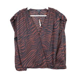 EXPRESS Brown Blue Zebra Animal Print Surplice V-Neck Blouse XL NEW